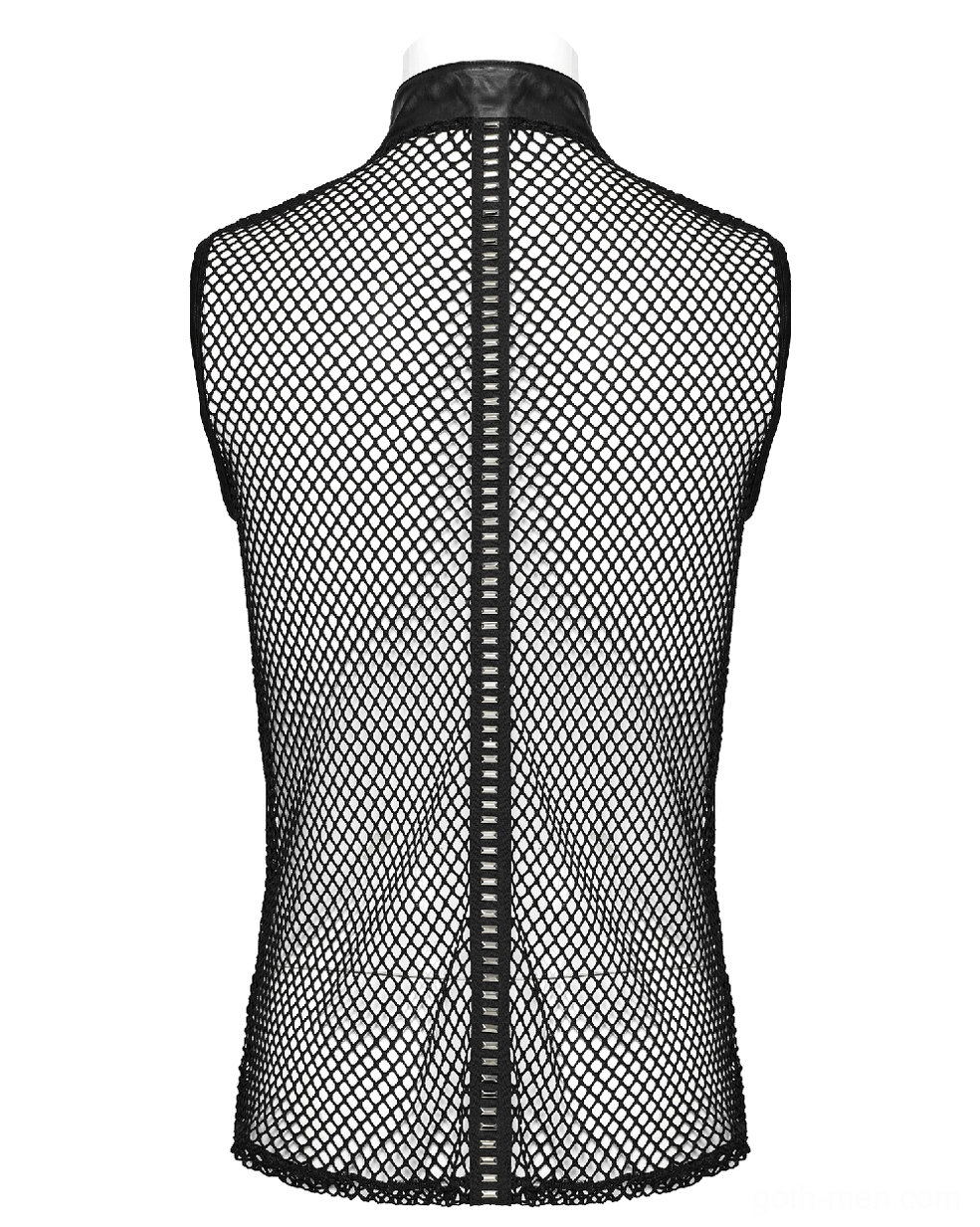 Black mesh gothic punk vest back mannequin view with central zipper and fishnet pattern