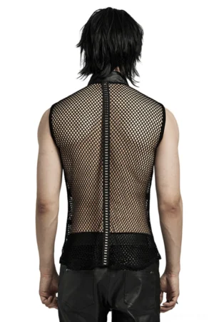 Black mesh gothic punk vest back view showing central zipper detail and fishnet fabric