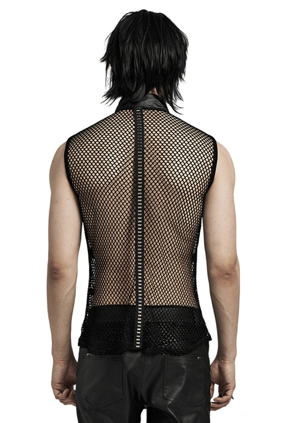 Black mesh gothic punk vest back view showing central zipper detail and fishnet fabric