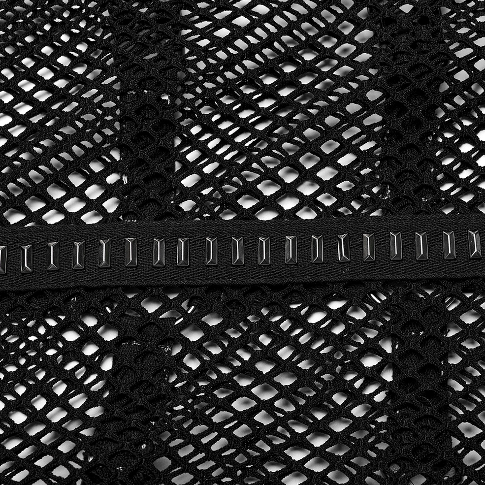 Black mesh gothic punk vest fabric and hardware detail close-up with metal buckles