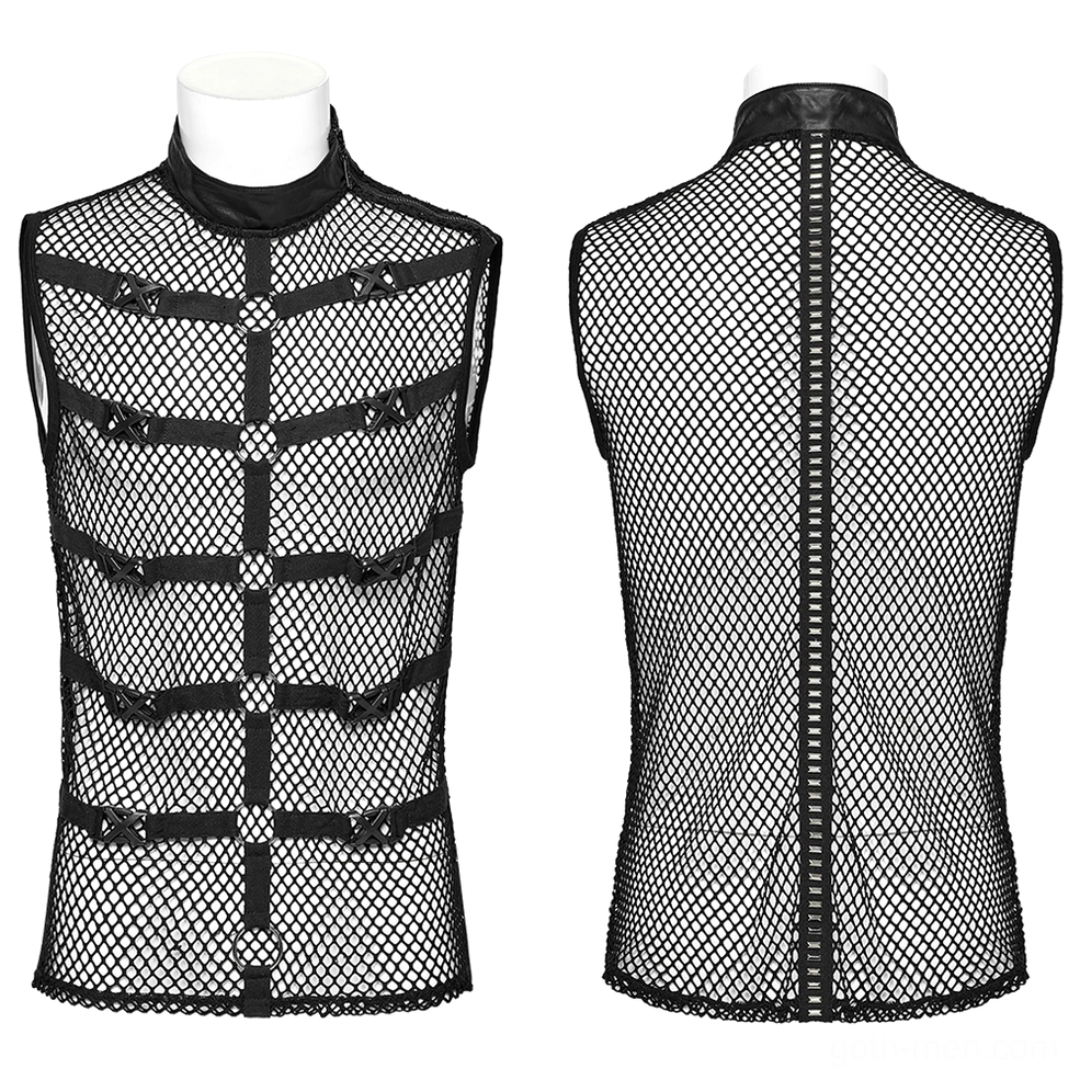 Black mesh gothic punk vest front and back mannequin display with buckle straps