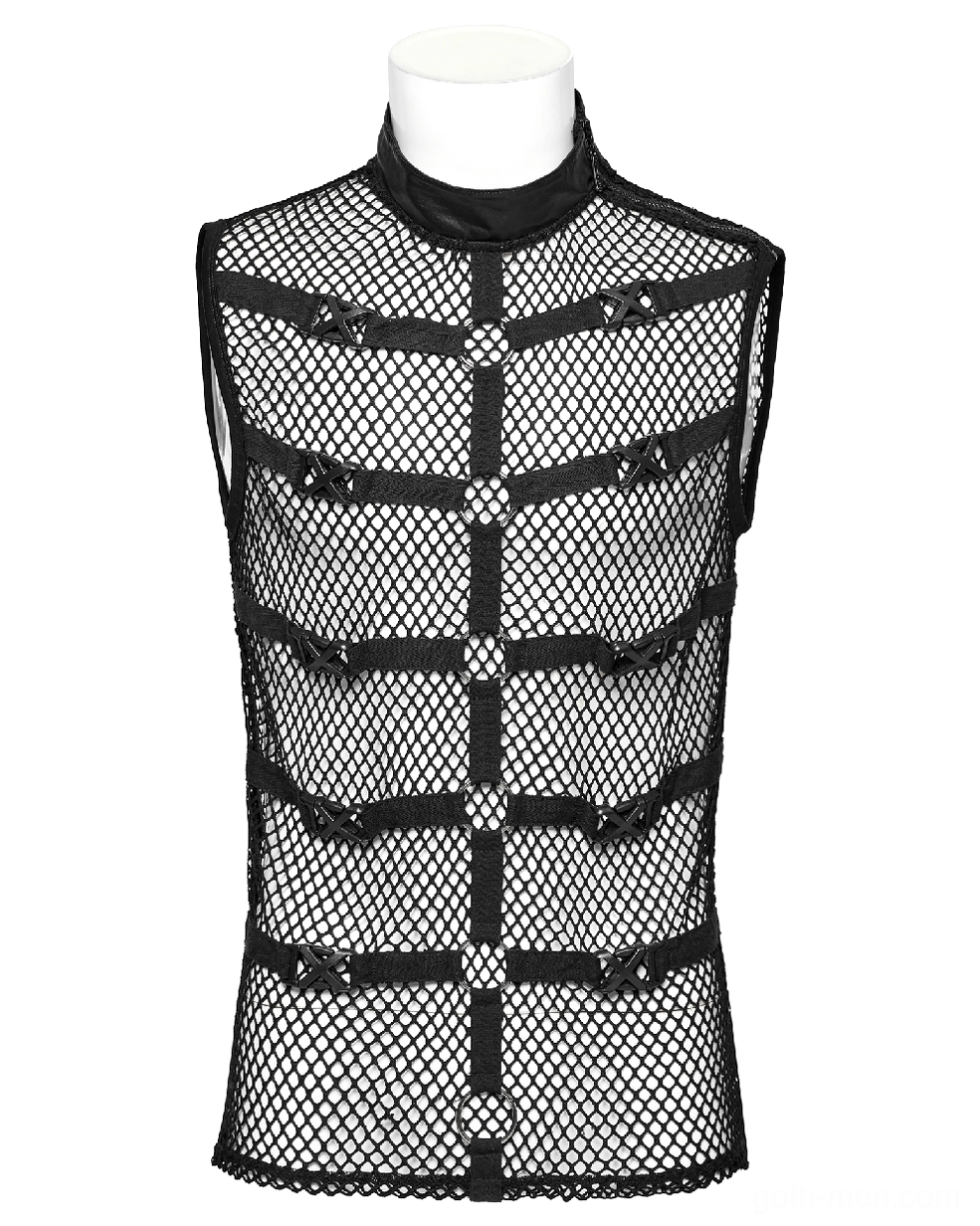 Black mesh gothic punk vest front mannequin view with horizontal metal buckle straps