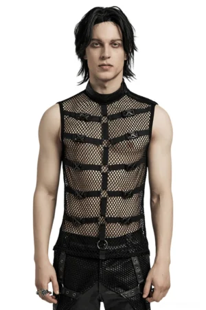 Black mesh gothic punk vest front view on male model with stand collar and metal buckle straps