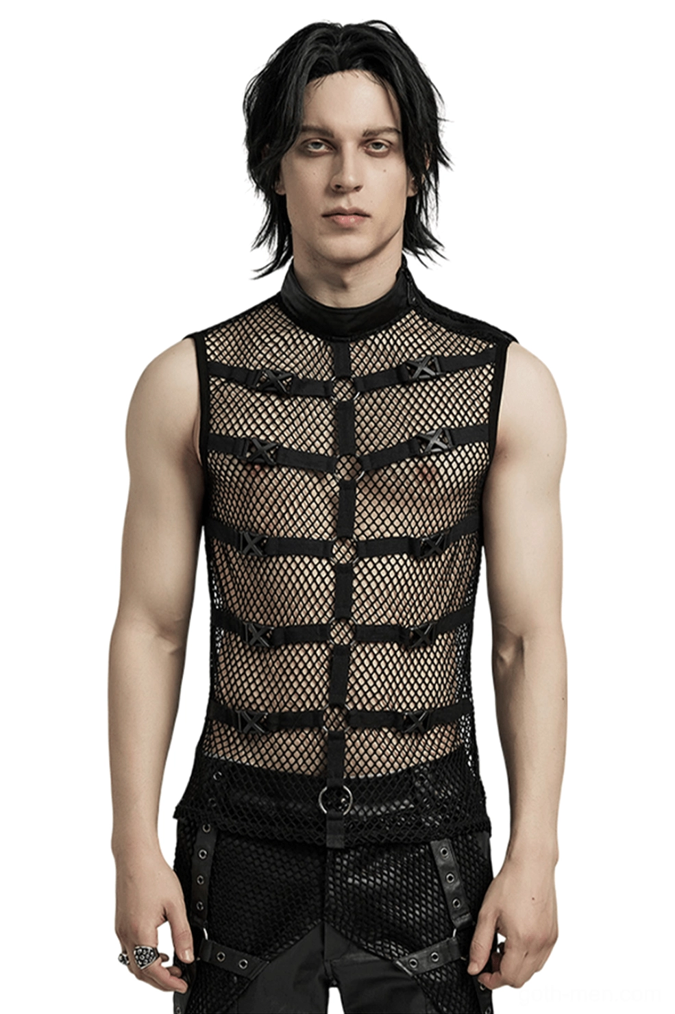 Black mesh gothic punk vest front view on male model with stand collar and metal buckle straps