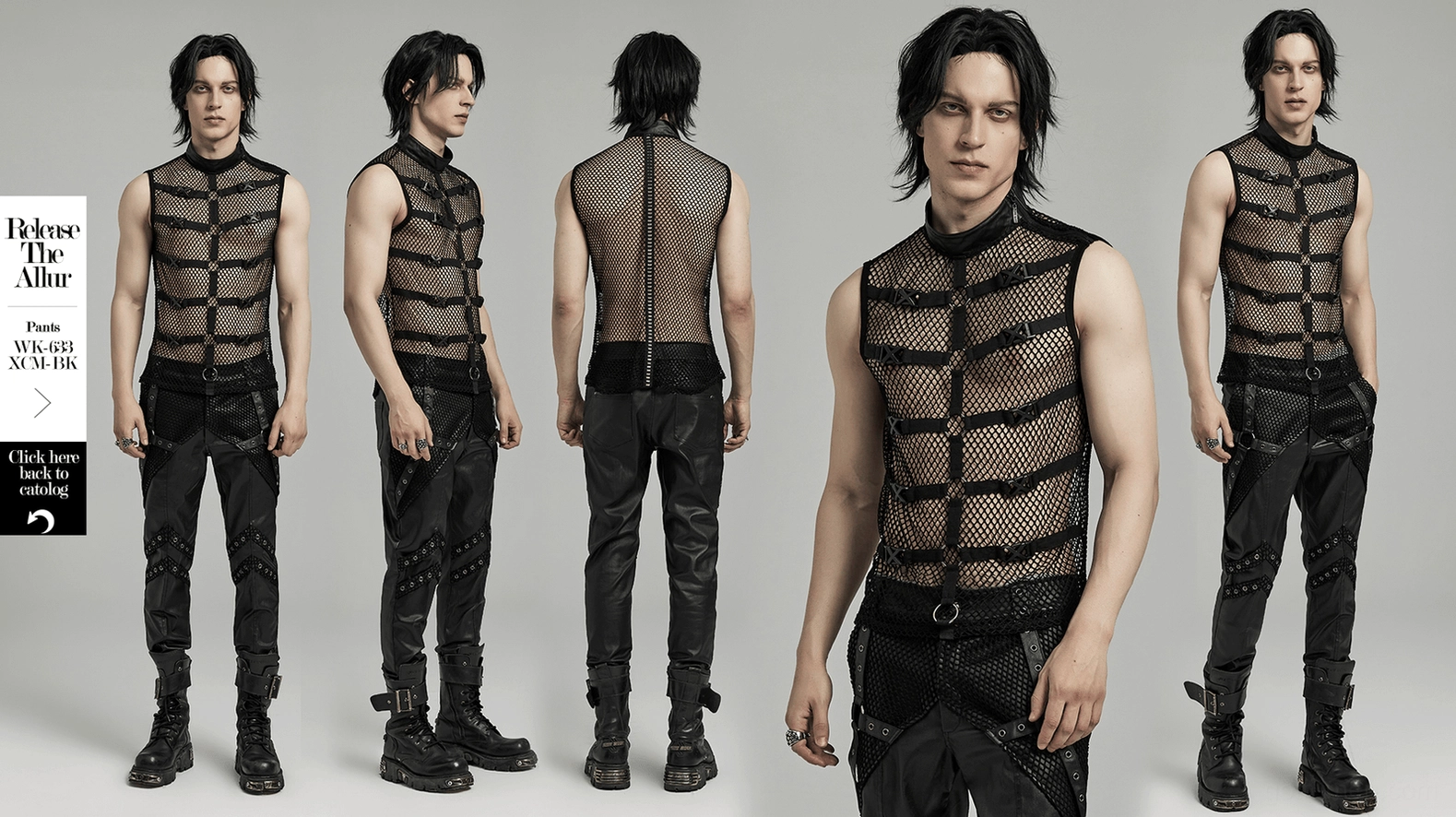 Black mesh gothic punk vest full length view on model demonstrating complete design
