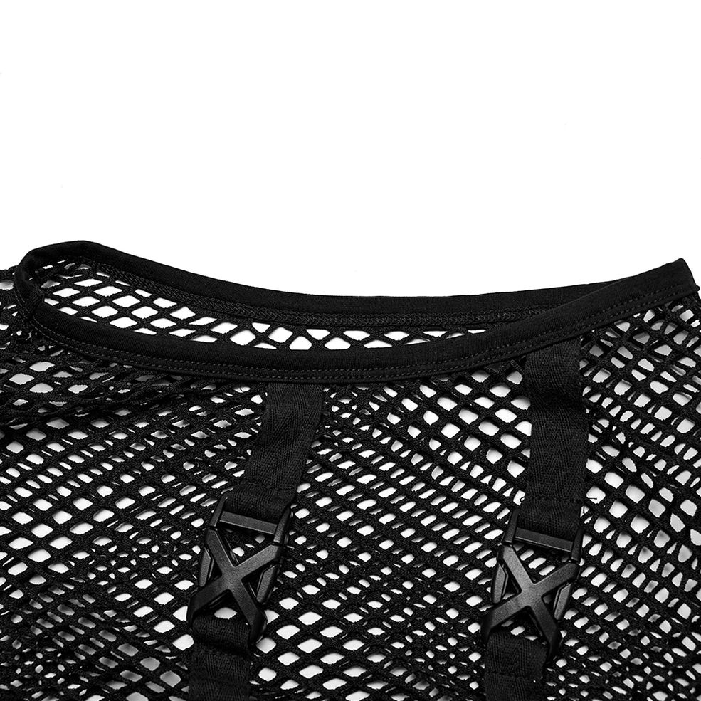 Black mesh gothic punk vest hem detail close-up showing faux leather X-shaped buckles