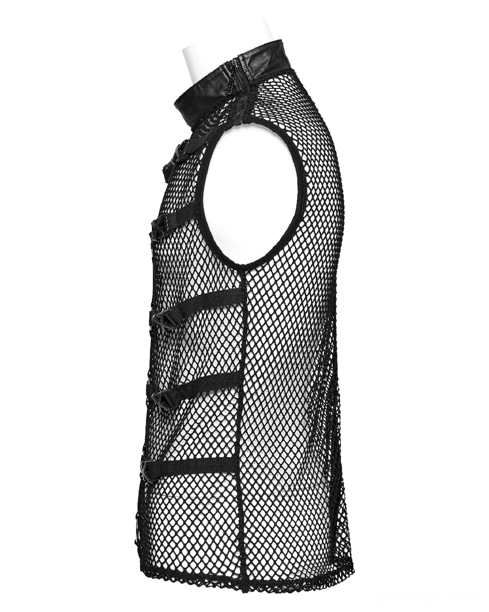 Black mesh gothic punk vest side view mannequin with armhole cutout and side buckles