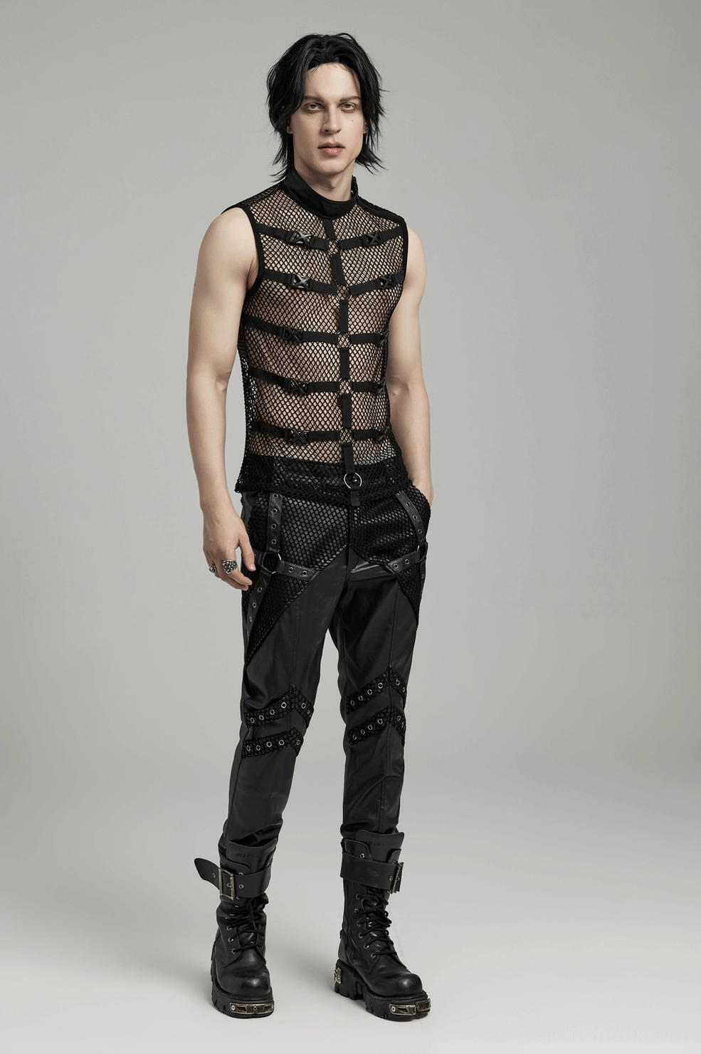 Black mesh gothic punk vest size comparison and garment structure overview