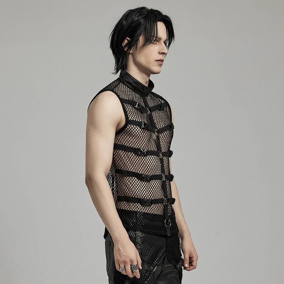 Black mesh gothic punk vest overall styling detail showing buckle strap positioning