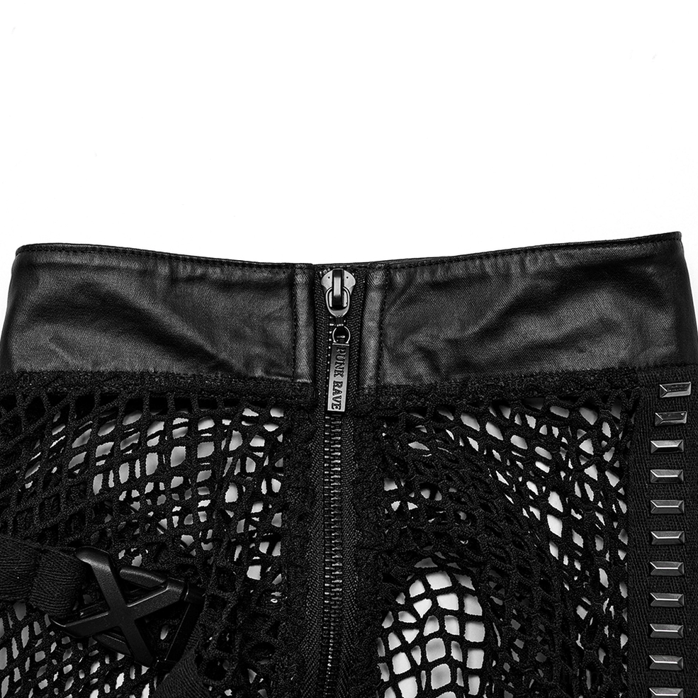 Black mesh gothic punk vest waist detail close-up showing faux leather band and metal zipper