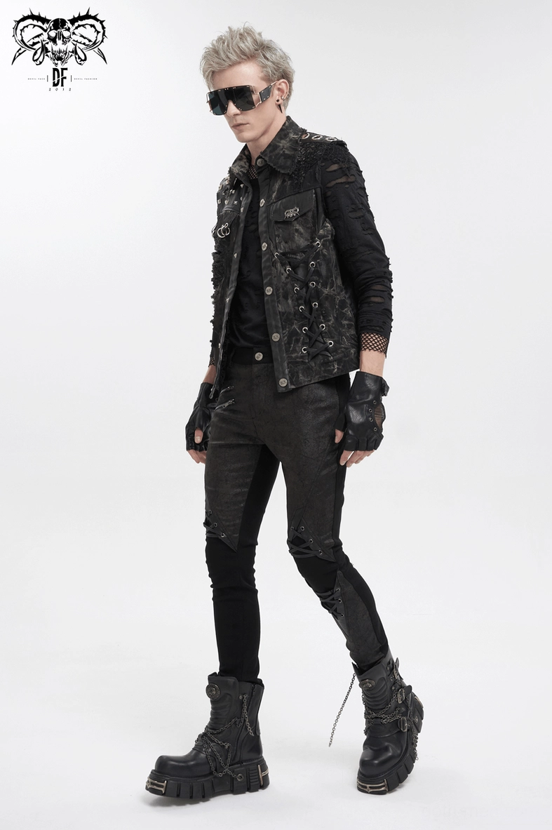 Asymmetrical punk rock waistcoat complete front and side profile showing all design elements