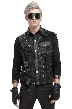 Asymmetrical black distressed gothic mesh rivet waistcoat front view with lace-up closure and studded details