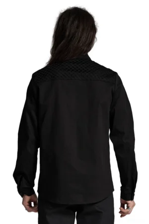 Black gothic cargo shirt rear view showing quilted mesh panel on upper back