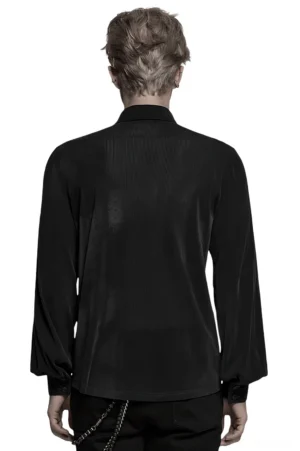 Back view of sheer black striped mesh gothic shirt on model showing fitted silhouette and tailored design