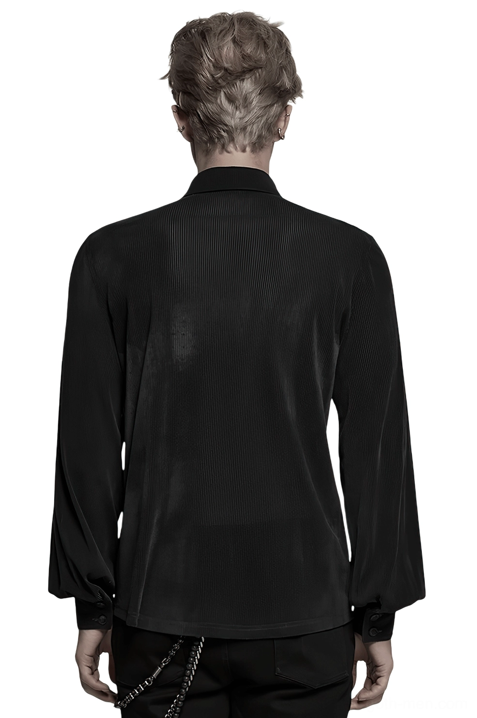 Back view of sheer black striped mesh gothic shirt on model showing fitted silhouette and tailored design