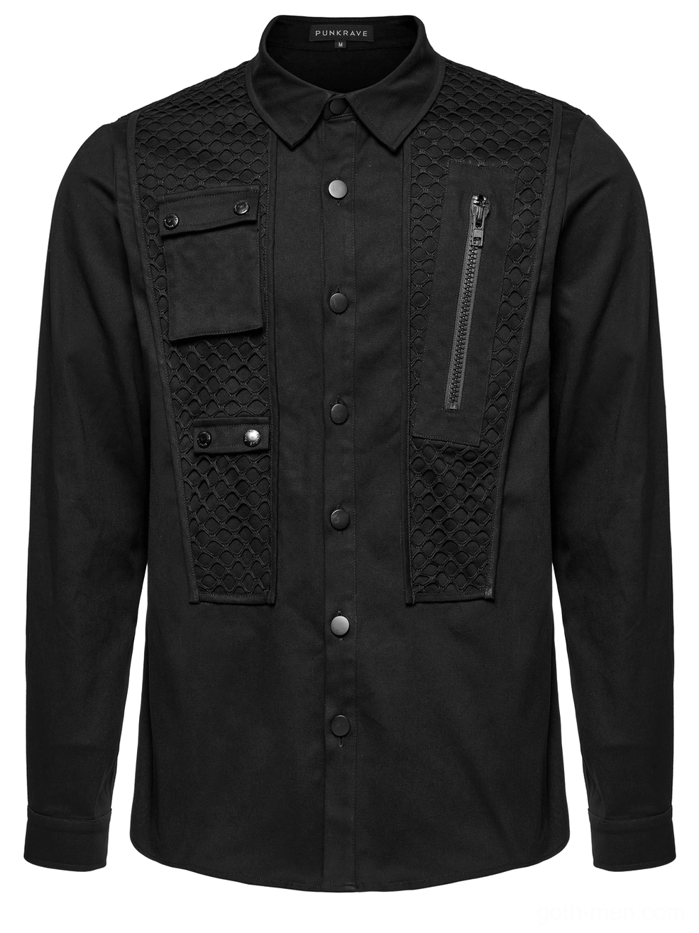 Cyberpunk gothic shirt front flat lay showing button closure quilted mesh panels and functional flap pockets