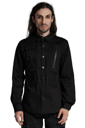 Industrial mesh gothic cyberpunk shirt front view on model, black tailored fit with 3D cargo pockets and metal buckles