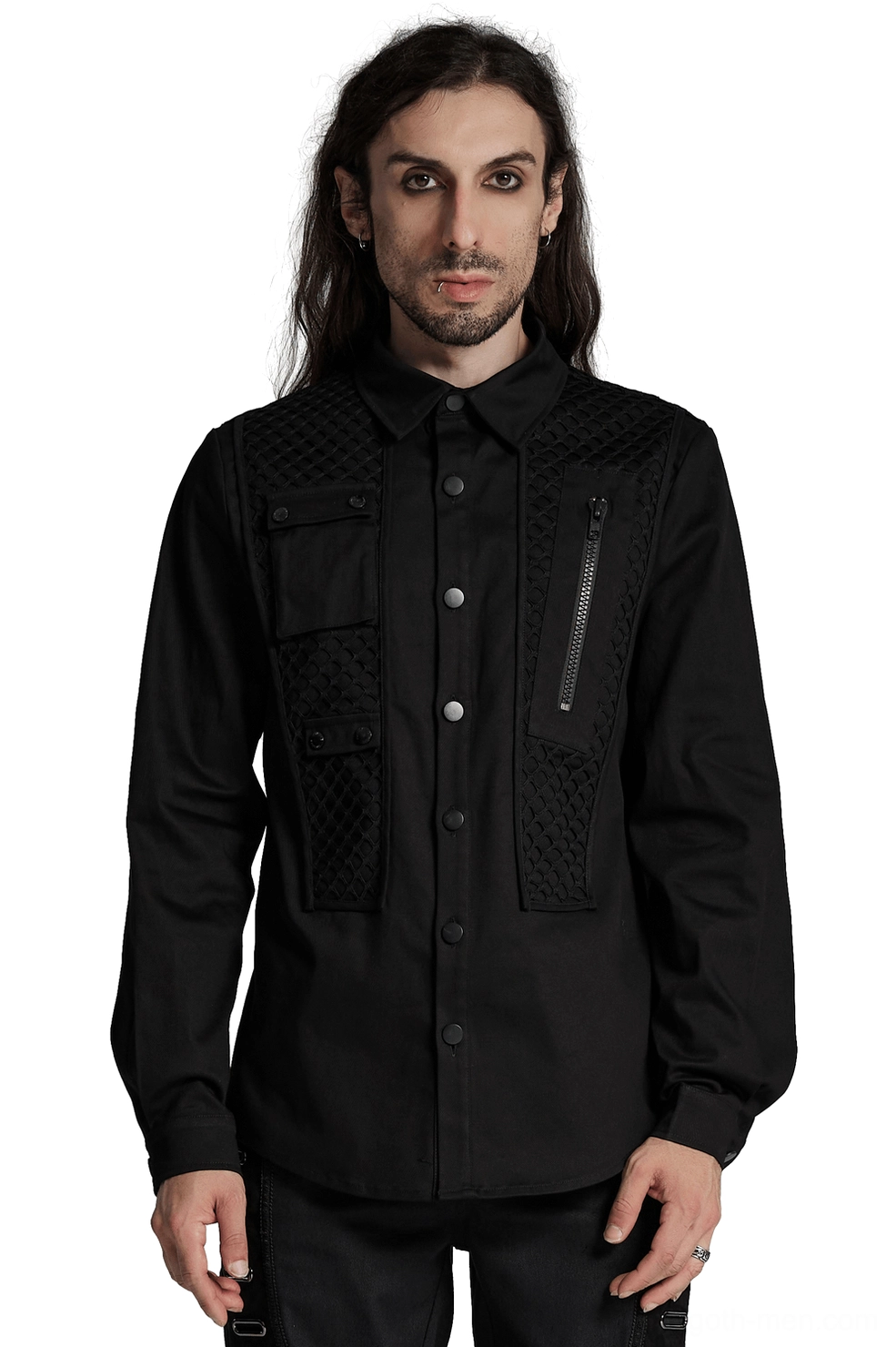 Industrial mesh gothic cyberpunk shirt front view on model, black tailored fit with 3D cargo pockets and metal buckles