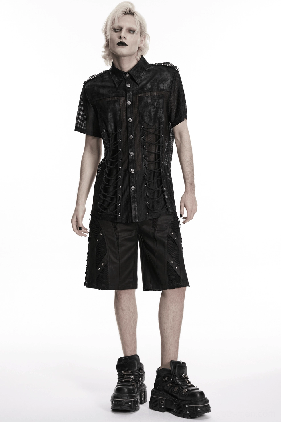 Black gothic mesh shirt lace-up side panel detail, showing adjustable drawstring and grommet design
