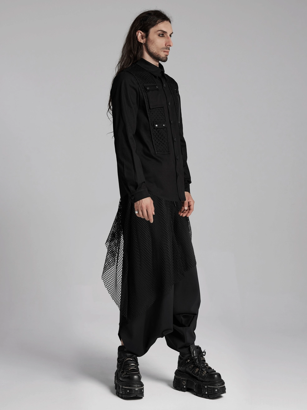 Gothic mesh cargo shirt full body view showing layered mesh splicing design and 3D pocket construction