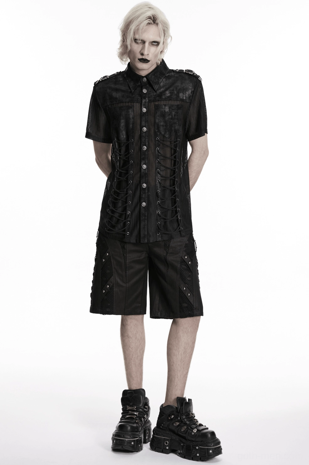 Black gothic mesh shirt material composition detail, polyester mesh and rubberized twill overlay