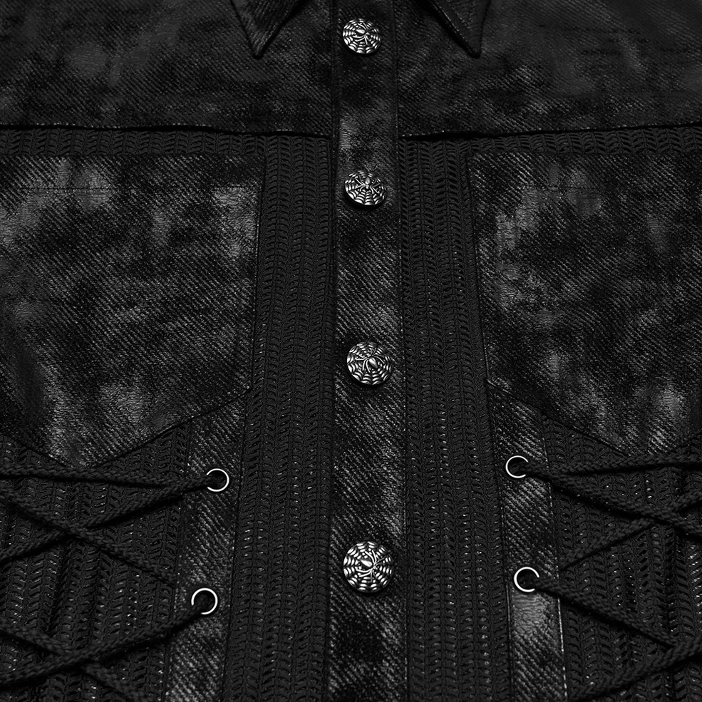 Close-up of gothic mesh shirt front placket, ornate metal buttons, lace-up side grommets, and vertical striped mesh pattern