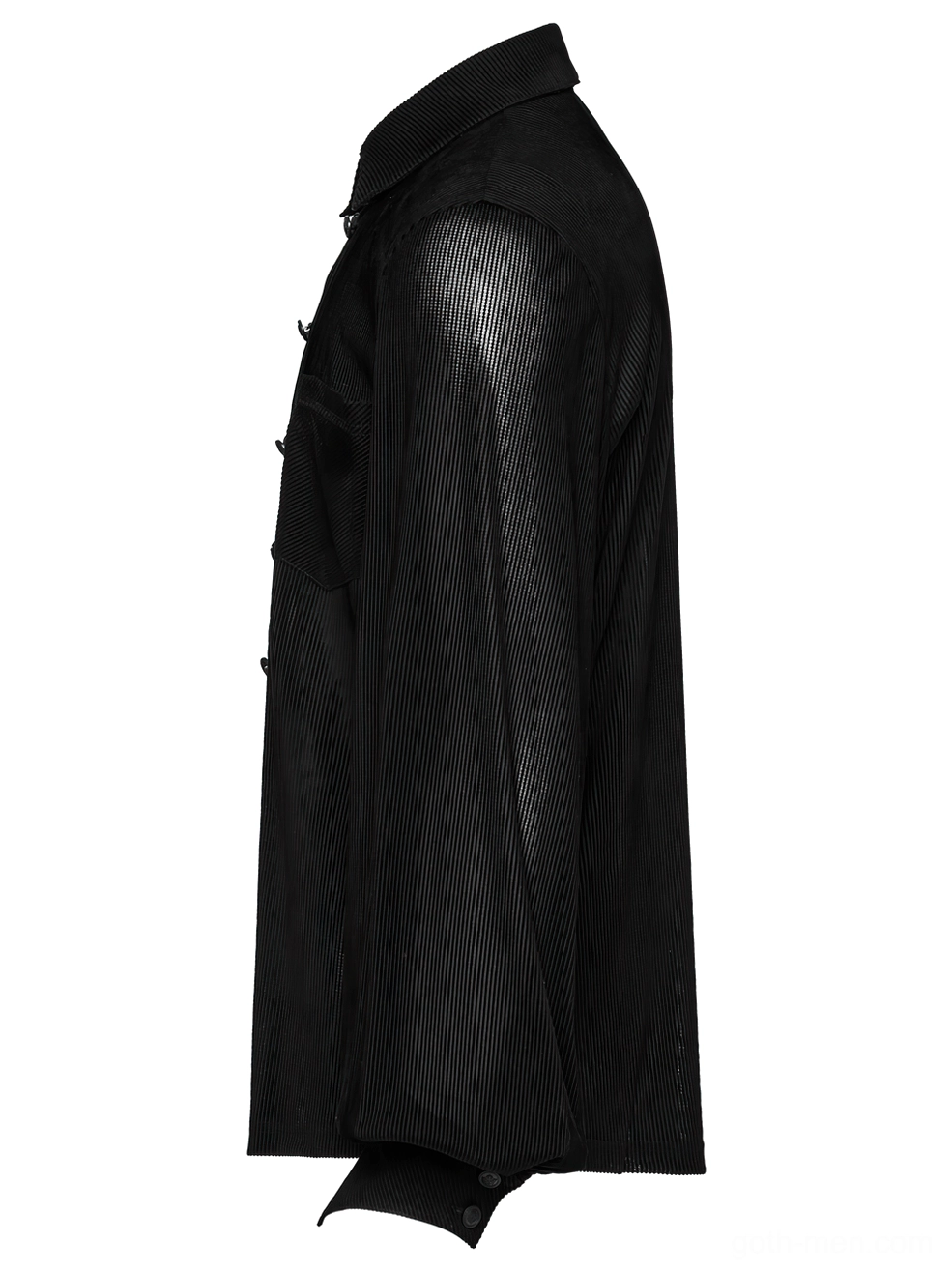Side angle flat lay of black striped mesh gothic shirt displaying lantern sleeve shape and tailored side panels