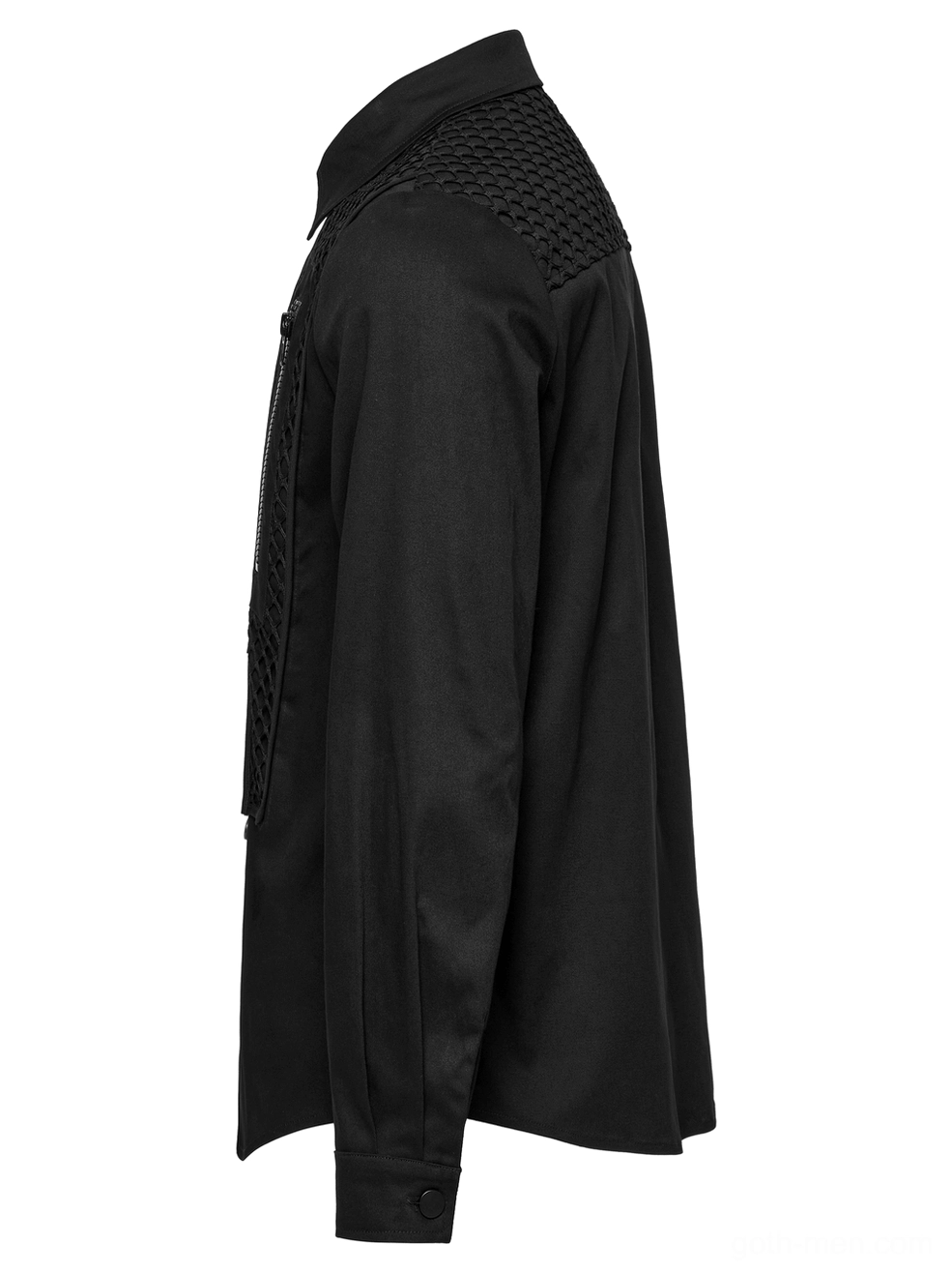 Black gothic shirt side flat lay view displaying quilted mesh shoulder panel and slim tailored fit