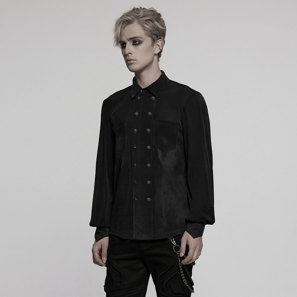 Side profile of model wearing black striped mesh gothic shirt showing lantern sleeve and vertical stripe pattern