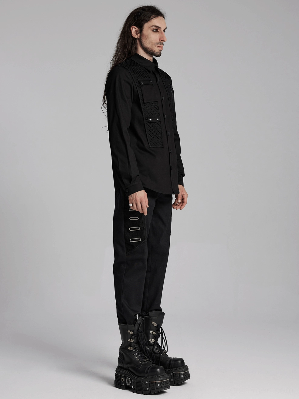 Black gothic mesh cargo shirt sleeve detail with mesh splicing and tailored fitted construction