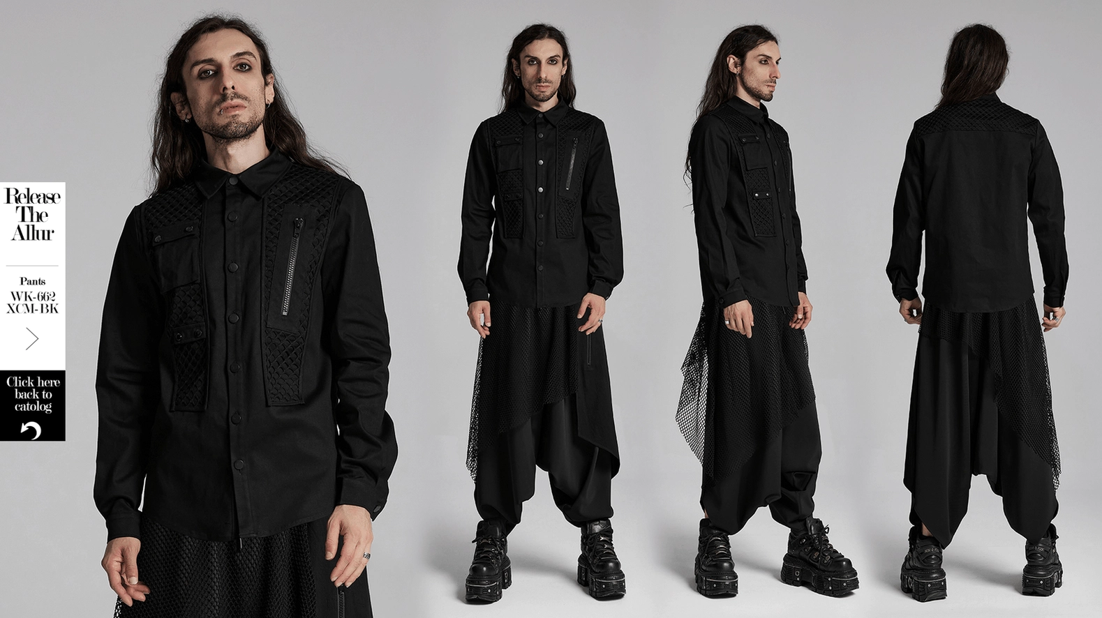 Gothic cyberpunk shirt construction detail showing precision stitching and mesh panel integration