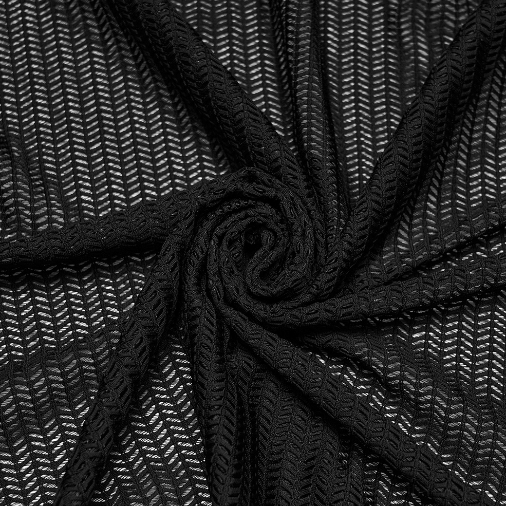 Black gothic mesh shirt mesh panel transparency showcase, layered sheer and opaque fabric construction