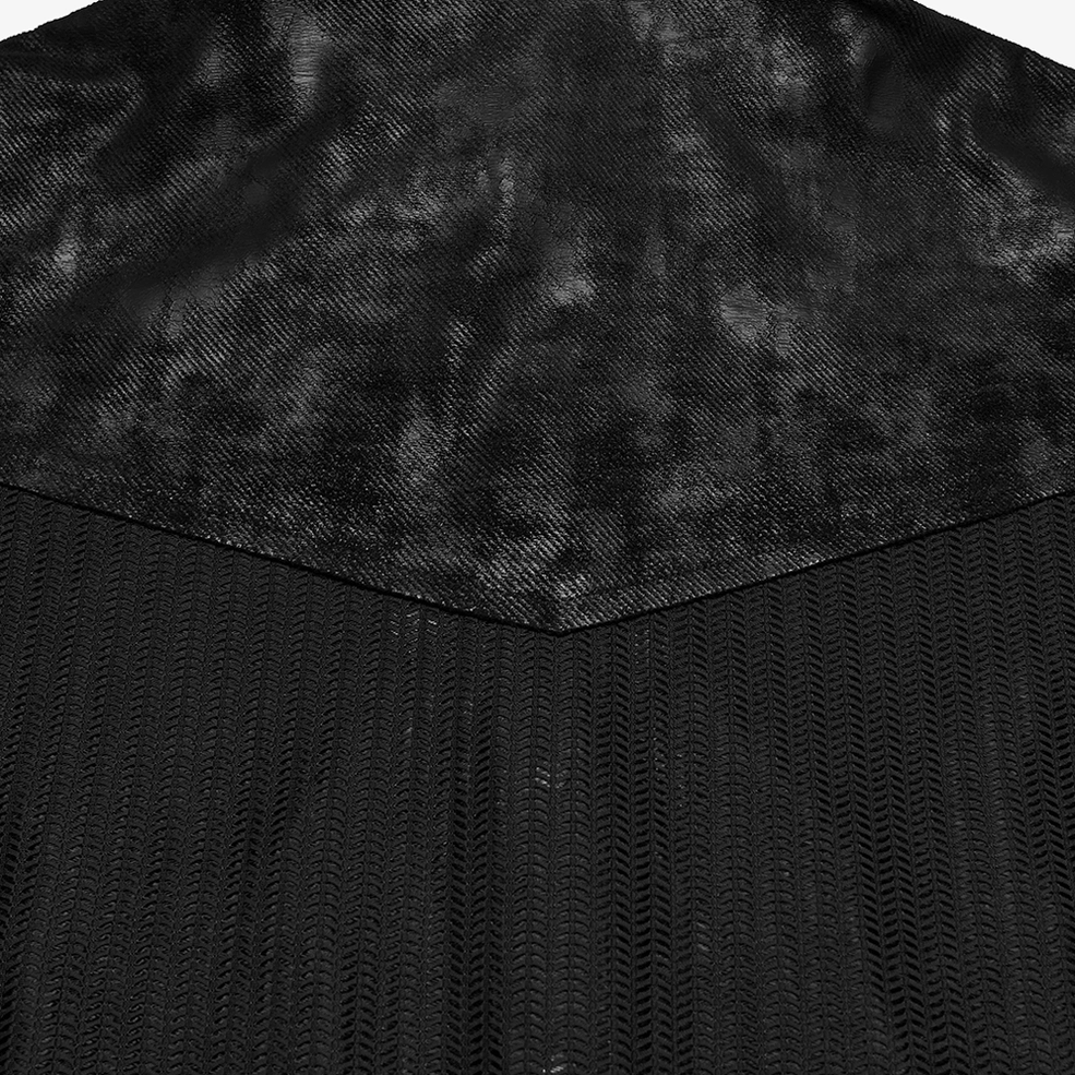 Close-up of gothic mesh shirt back yoke and fabric texture, showing faded textured twill and vertical mesh weave