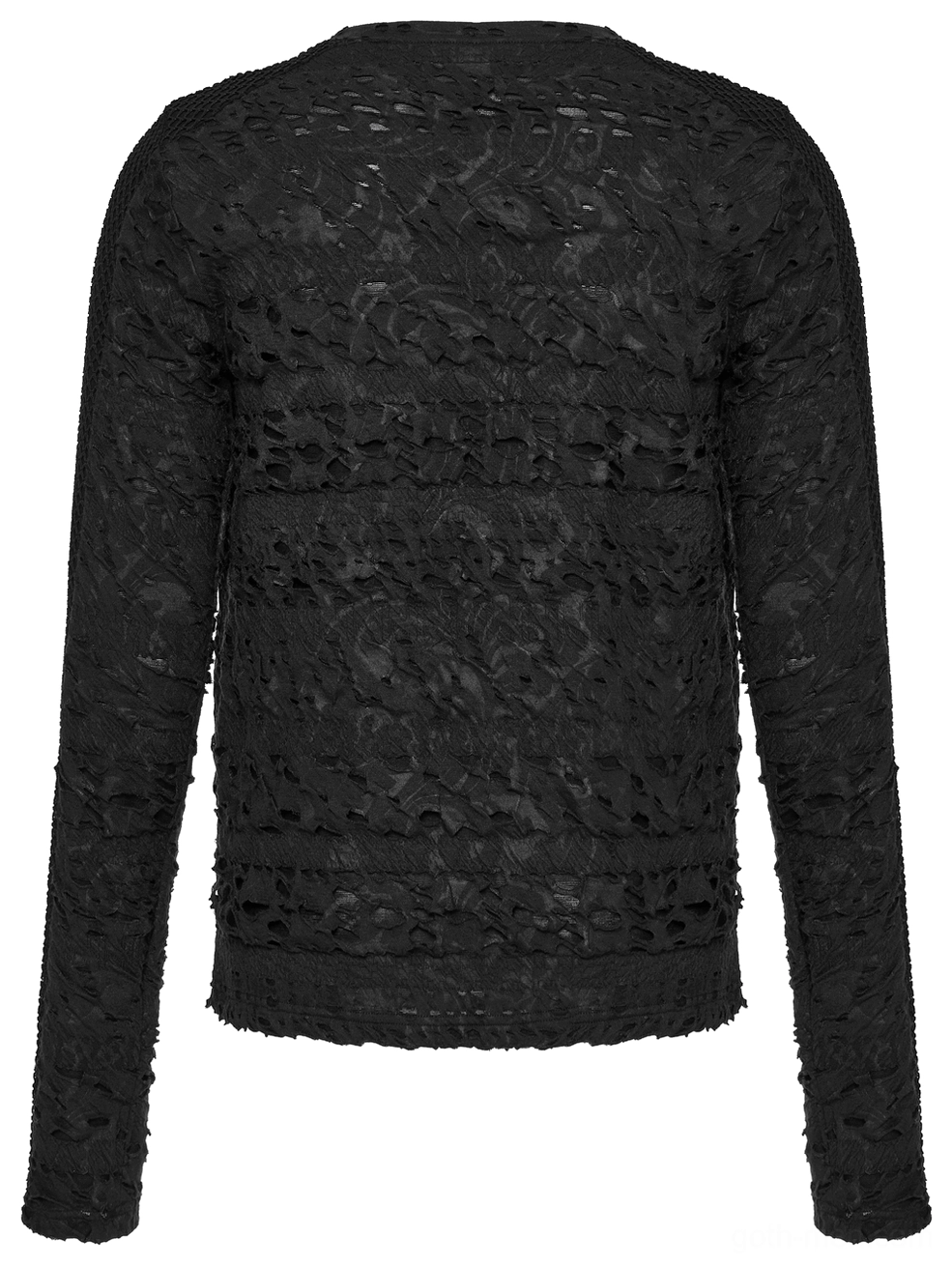 Dark gothic long sleeve top back flat lay showing crew neckline and distressed textured fabric pattern