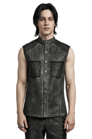 Gothic sleeveless dark gray tank shirt front view on model, showcasing mesh shoulder panels, skull button closure, and distressed black fabric