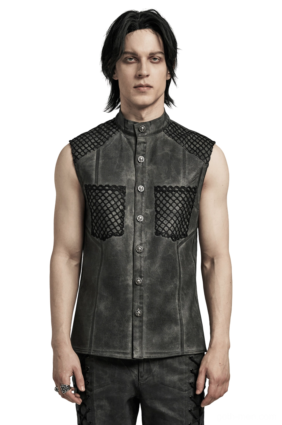 Gothic sleeveless dark gray tank shirt front view on model, showcasing mesh shoulder panels, skull button closure, and distressed black fabric