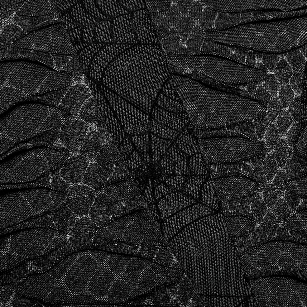 Men's gothic sleeveless mesh top fabric macro - spider web and scale pattern black distressed detail