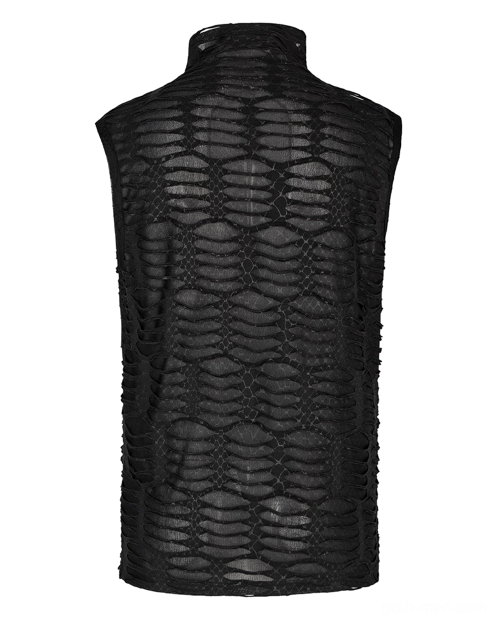 Men's gothic sleeveless mesh top rear detail - scale-like distressed fabric close-up texture