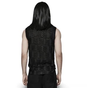 Gothic sleeveless mesh tank top men - rear back view showing scale-like distressed fabric texture