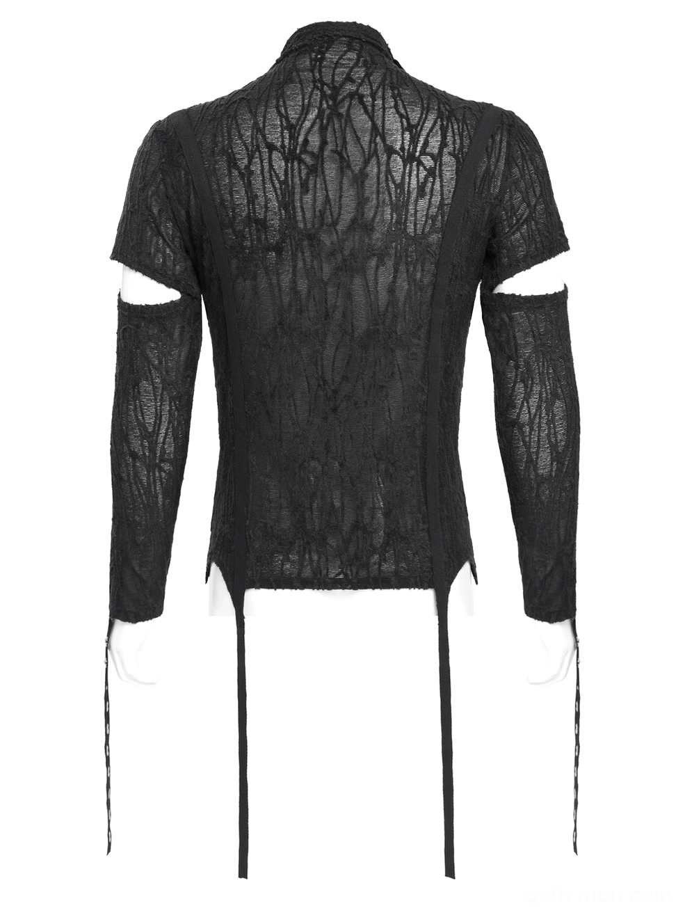 Gothic mesh tank back view - sheer textured fabric with stand collar and hem tassel