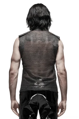 Rear view of men's gothic mesh sleeveless tank showcasing sheer mesh back, leather shoulder panels and studded details