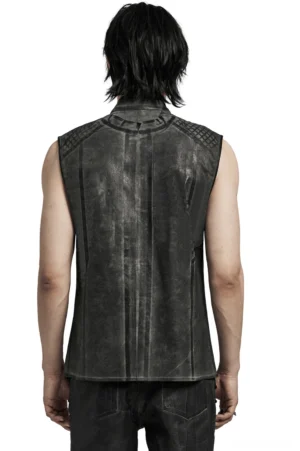 Gothic sleeveless shirt rear view on model, displaying tailored back seams and faded distressed black fabric finish