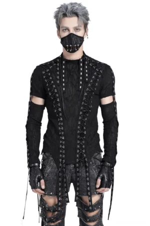 Men's gothic mesh tank with corset lacing and cutout sleeves - front view on model with silver hair