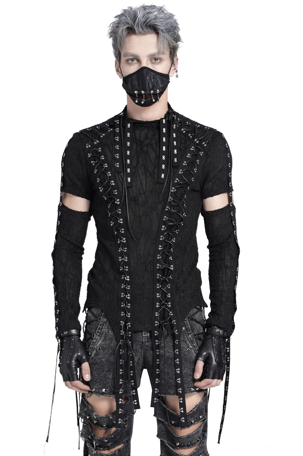 Men's gothic mesh tank with corset lacing and cutout sleeves - front view on model with silver hair