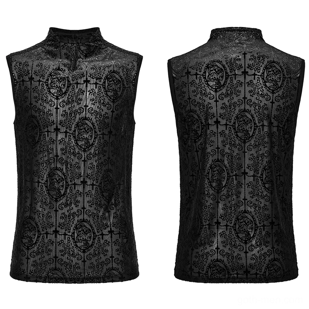 Flat lay display of black gothic mesh tank showing front and back with intricate flocked cross cameo design