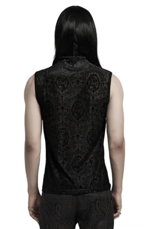 Black gothic mesh tank top back view showing all-over flocking pattern and decorative shoulder strap