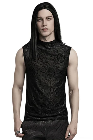 Black gothic mesh sleeveless tank top with flocked cross and skull pattern worn by male model front view