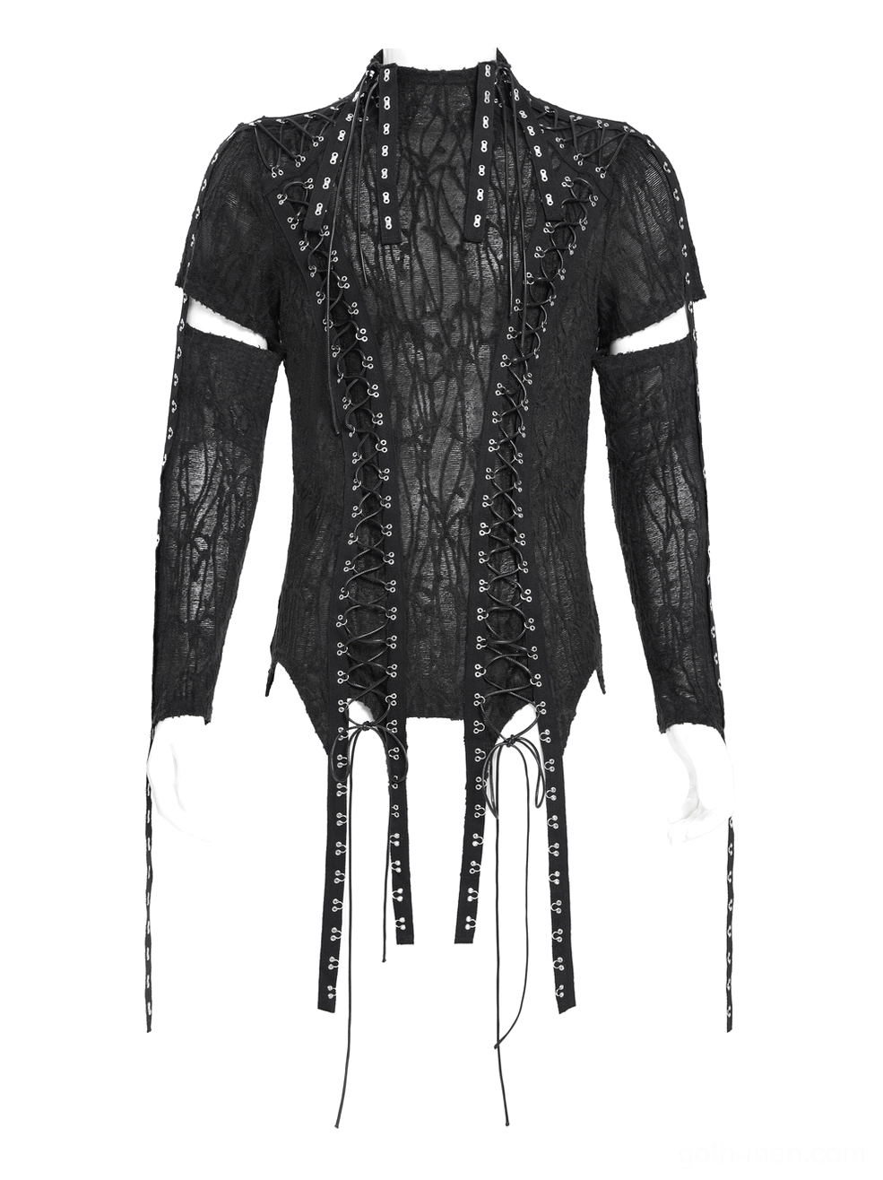 Black gothic mesh tank top - front view showing grommet eyelets and lace cord details