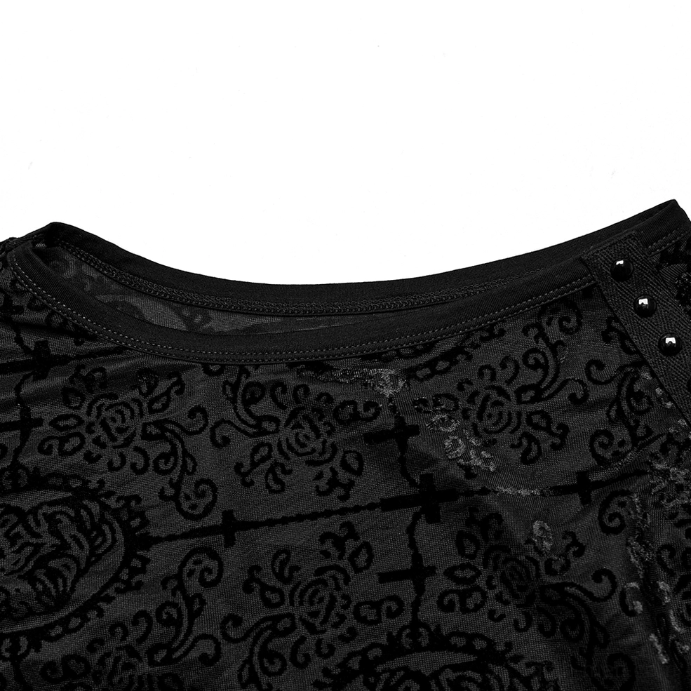 Close-up detail of gothic mesh tank neckline with stitched trim and flocked vintage pattern