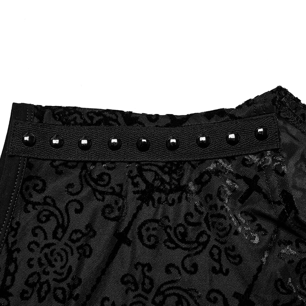 Decorative shoulder strap detail with studded embellishment and vintage flocking on black mesh tank